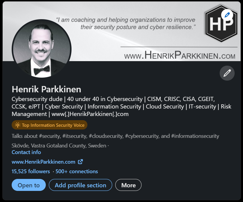 Henrik Parkkinen Top Information Security Voice