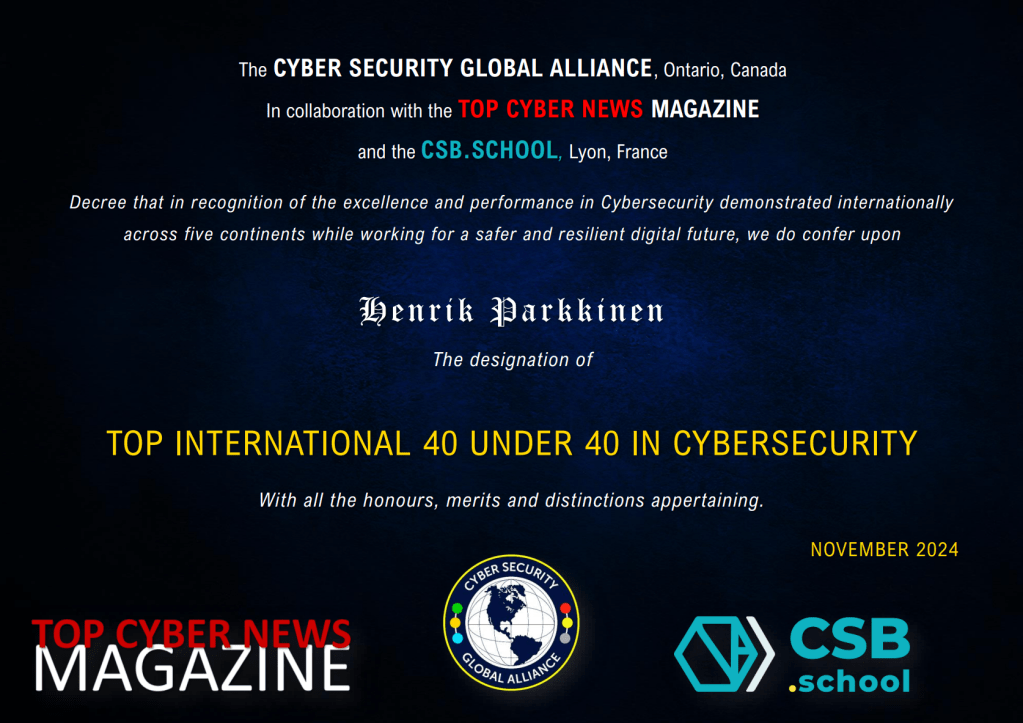 Henrik Parkkinen recognized as global 40 under 40 in Cyber security