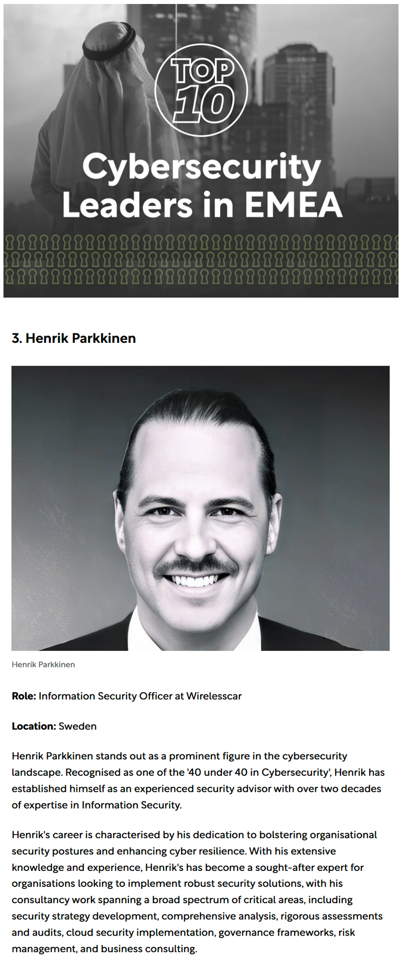 Henrik Parkkinen recognized as Top 10 Cybersecurity leaders in EMEA